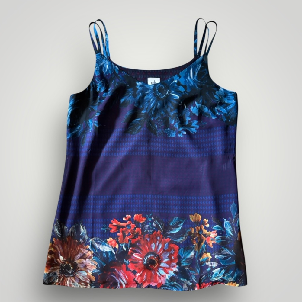 Cabi Blue Tunic Spaghetti Tank Top Floral Mesh Overlay
Size S